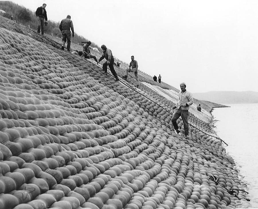 Figure 5: River bank stabilization bags (Fabriform) installed in 1967 on the...
